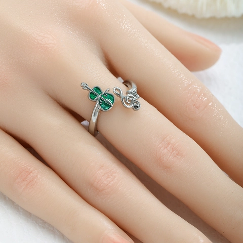 Musiknote Violine Offener Ring Für Damen Herren Versilberte Legierung Grüne Emaille Violinschlüssel Verstellbarer Schmuck Geschenk Fingerring