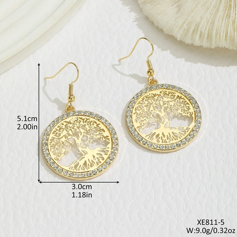 Vintage Legierung Strass Lebensbaum Ohrringe Für Damen Elegante Runde Hohle Palme Ohrringe Galvanisiert Gold Silber Schmuck