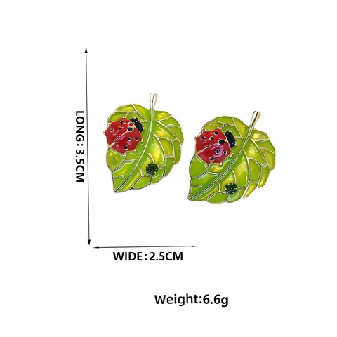 Vintage Enamel Ladybug Leaf Stud Earrings Alloy Green Blue Rhinestone Inlaid Nature Inspired Jewelry For Women Girls Gift