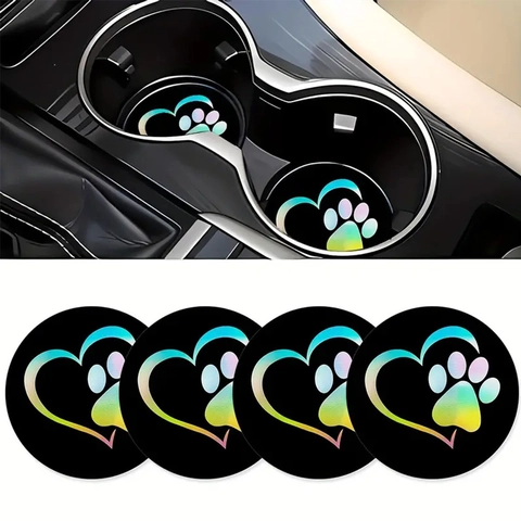 Car Coasters Round PVC Non-Slip Cup Mat Creative Printed Heart Paw Sea Shell Halloween Solar System Guitar Pattern Vehicle Interior Decoration Accessories