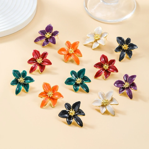 Pendientes de Botón de Esmalte Vintage para Mujer Joyería de Oreja de Pétalo Floral de Aleación de Moda Regalo Elegante