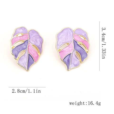 Vintage Tropical Monstera Leaf Stud Earrings For Women Hollow Alloy Enamel Drip Oil Plant Earrings Fashion Summer Jewelry Gift