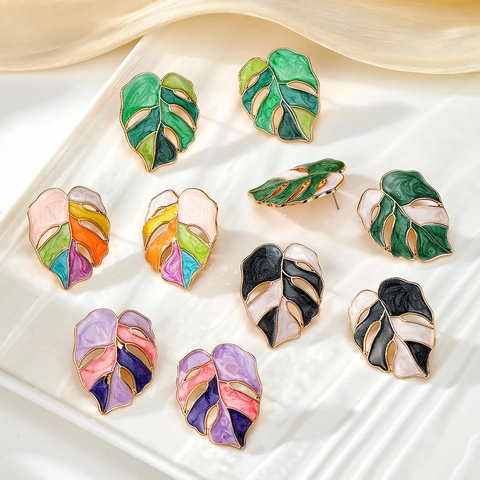 Fashion Alloy Monstera Leaf Stud Earrings Colorful Enamel Drip Oil Tropical Plant Earrings For Women Vacation Jewelry Gift