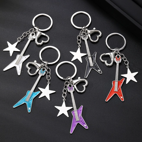 Rock Style Zinc Alloy Electric Guitar Keychain With Star Charm And Heart Clasp Punk Y2K Music Lover Bag Pendant Key Ring