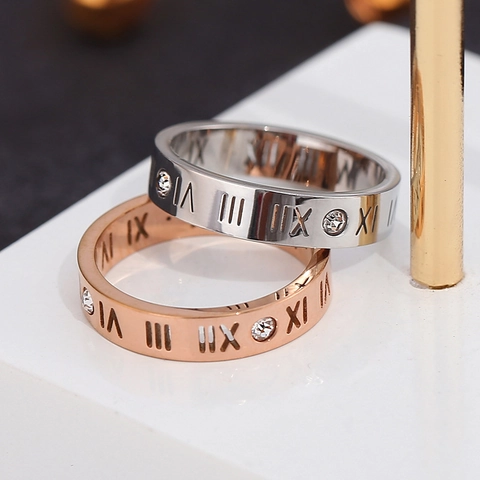 Roman Numeral Zirconia Stainless Steel Ring For Women Rose Gold Silver Gold Plated Hollow Geometric Band Ring Jewelry Gift