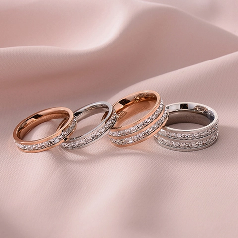 Minimalist Stainless Steel Eternity Ring With Cubic Zirconia Single Double Row Channel Setting Wedding Band For Women