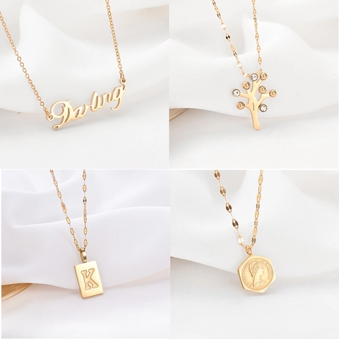 Minimalist Stainless Steel Letter K Lucky Tree Pendant Necklace For Women 14K Gold Rose Gold Plated Zirconia Roman Numerals Fashion Jewelry