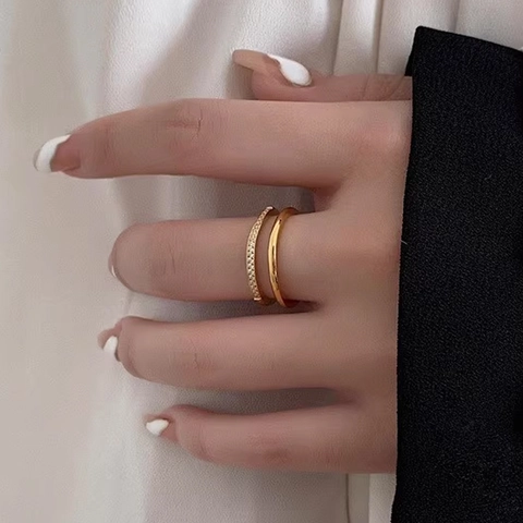 Minimalist Titanium Steel Hollow Double Layer Ring For Women Micro Pave Zirconia Geometric Fashion Jewelry Finger Ring