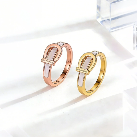 Women Minimalist Stainless Steel Buckle Ring White Shell Inlay Horseshoe Ring Love Forever Engraved Finger Ring Jewelry Gift