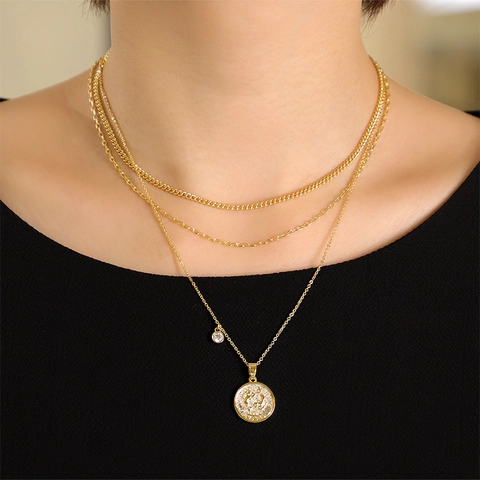 Vintage Copper Gold Plated Layered Necklace For Women With Zodiac Coin Pendant Zirconia Accents Constellation Jewelry Gift