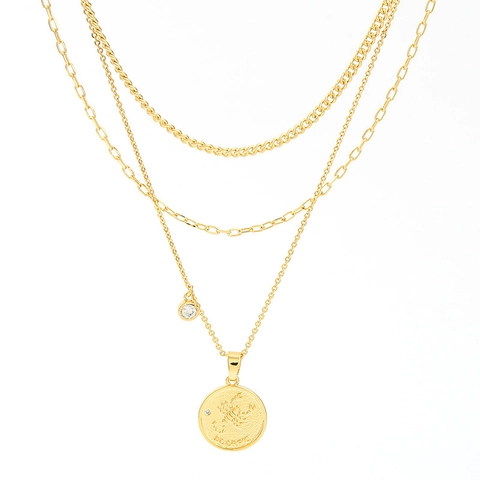 Vintage Copper Gold Plated Layered Necklace For Women With Zodiac Coin Pendant Zirconia Accents Constellation Jewelry Gift