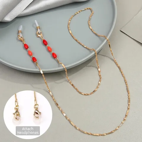 Multifunctional Gold Plated Copper Chain With Natural Coral Beads Elegant Anti Lost Lanyard For Glasses Mask Earphones Women