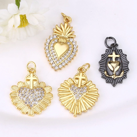 Vintage Gold Plated Copper Sacred Heart Cross Anchor Pendant Zirconia Sunburst Religious DIY Jewelry Accessories For Women