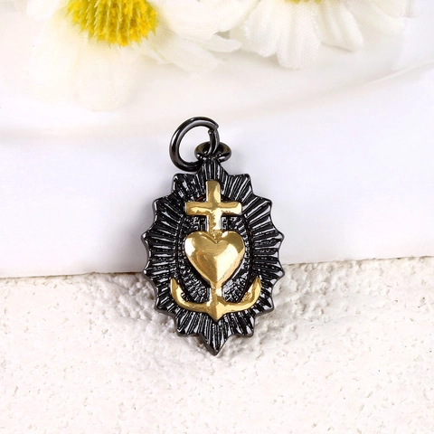 Vintage Gold Plated Copper Sacred Heart Cross Anchor Pendant Zirconia Sunburst Religious DIY Jewelry Accessories For Women