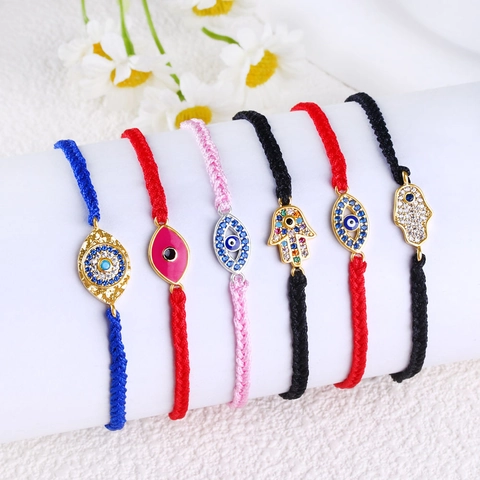 Handmade Braided Evil Eye Hamsa Hand Bracelet For Women Men Adjustable Cord Alloy Rhinestone Protection Lucky Jewelry