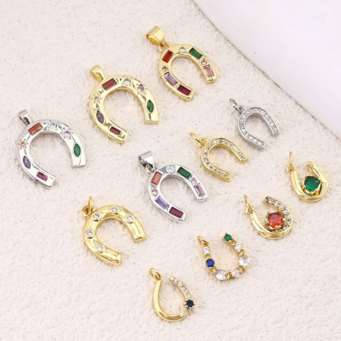 Gold Plated Copper Horseshoe Rhinestone Pendant Charm Colorful Zirconia Inlaid Lucky DIY Necklace Earring Accessories For Women