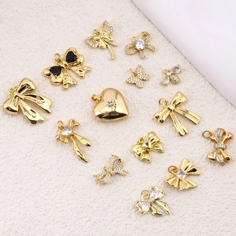 Verguld Koper Strik Hanger Hart Zirkonia Bedels Voor DIY Ketting Armband Maken Vrouwen Minimalistische Sieraden