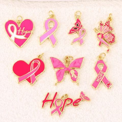 Roze Lint Borstkanker Bewustzijn Emaille Hangers Hoop Hart Vlinder Verguld Legering Bedeltjes Voor DIY Sieraden Maken