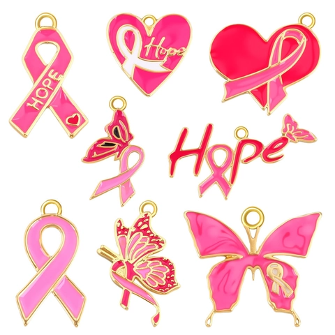 Roze Lint Borstkanker Bewustzijn Emaille Hangers Hoop Hart Vlinder Verguld Legering Bedeltjes Voor DIY Sieraden Maken