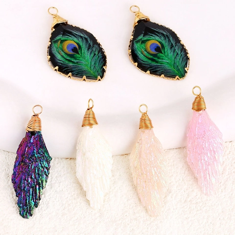 DIY Peacock Feather Water Drop Pendant Natural Stone Glass Wire Wrapped Charm For Necklace Jewelry Making Women Handmade Accessory