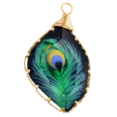 DIY Peacock Feather Water Drop Pendant Natural Stone Glass Wire Wrapped Charm For Necklace Jewelry Making Women Handmade Accessory