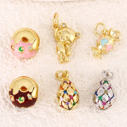 Cute Bear Candy Donut Water Drop Pendant Charm Gold Plated Copper Rhinestone Enamel DIY Jewelry Accessories For Necklace Women