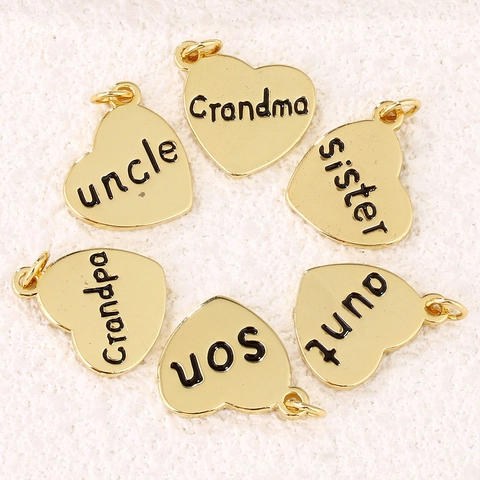 Verguld Koper Hart Charms Voor Sieraden Maken DIY Familielid Lettering Mom Grandma Grandpa Hangers Accessoires