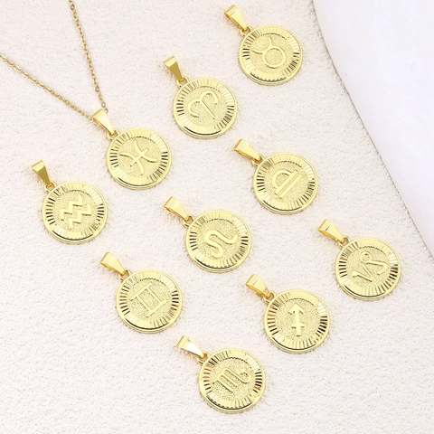 Copper Gold Plated Twelve Zodiac Constellation Round Coin Pendant Necklace Retro Sunburst Texture Clavicle Chain Unisex Jewelry Gift