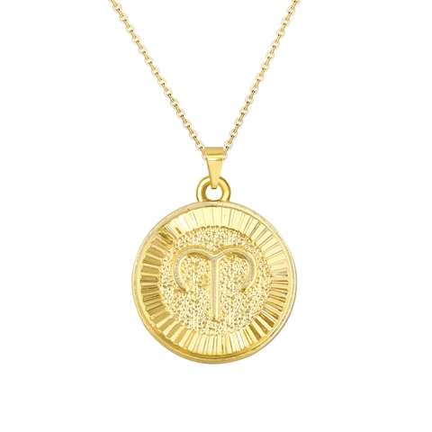 Copper Gold Plated Twelve Zodiac Constellation Round Coin Pendant Necklace Retro Sunburst Texture Clavicle Chain Unisex Jewelry Gift
