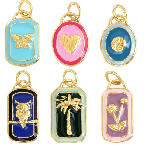 Gold Plated Copper Enamel Charms For DIY Jewelry Making Butterfly Heart Palm Tree Owl Yin Yang Flower Pendants Accessories