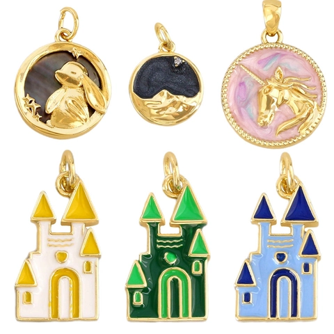 Gold Plated Copper Jewelry Pendants Castle Bunny Unicorn Charms For DIY Necklace Making Enamel Zirconia Accessories