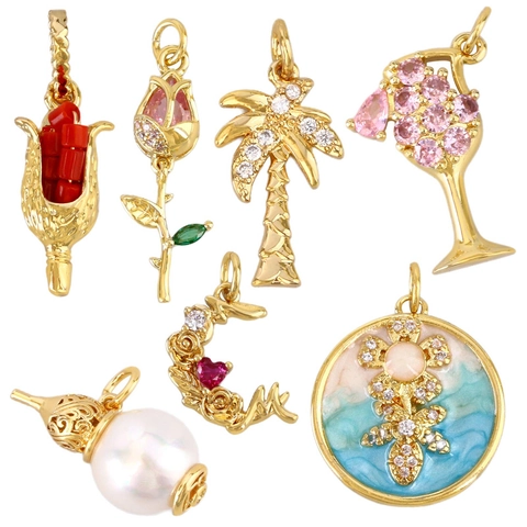 Vergoldetes Kupfer DIY Schmuck Anhänger Charms Blume Palme Weinglas Kalebasse Design Für Halskette Armband Herstellung