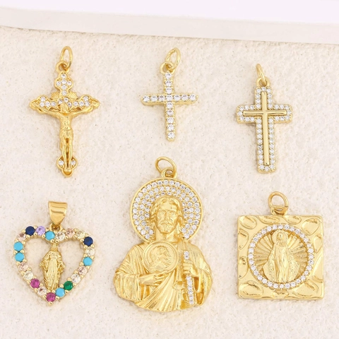Koper Vergulde Religieuze Kruis Hart Hanger Micro Ingelegd Zirkonia Maagd Maria Jezus Charm Voor DIY Sieraden Maken