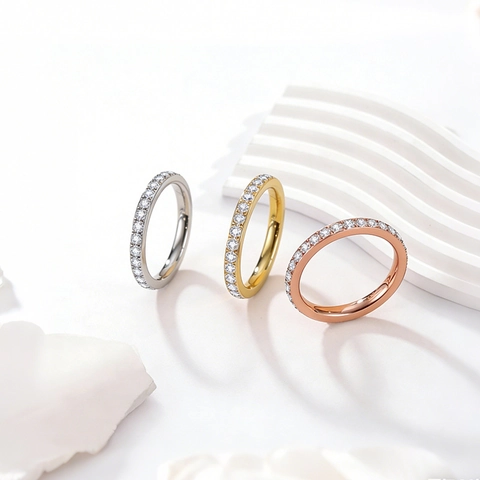 Minimalist Titanium Steel Full Rhinestone Ring For Women Geometric Pave Eternity Finger Ring Daily Party Fashion Jewelry