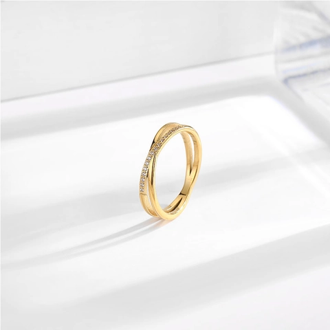 Stainless Steel Double Layer Cross Ring For Women Elegant Sparkling Zirconia X Shape Polished Band Ring Finger Jewelry