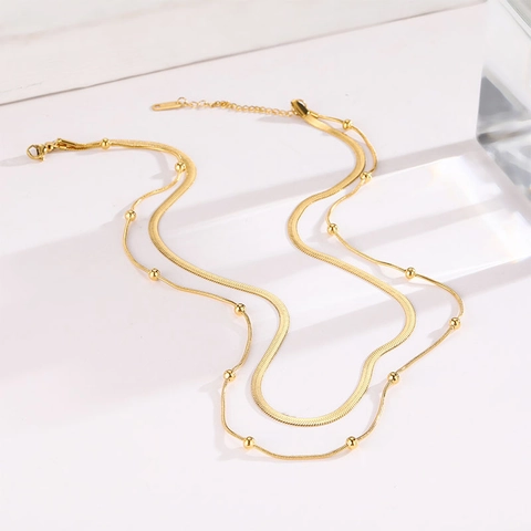 Modern Minimalist Double Layered Stainless Steel Necklace For Women Gold Plated Snake Chain With Small Round Beads Clavicle Chain Jewelry