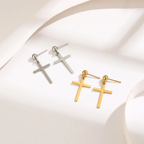 Minimalist Titanium Steel Cross Dangle Stud Earrings For Women Fashion Geometric Ball Post Jewelry Gold Silver Plated