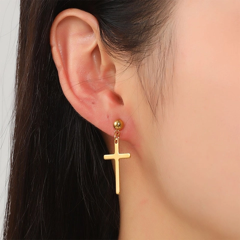 Minimalist Titanium Steel Cross Dangle Stud Earrings For Women Fashion Geometric Ball Post Jewelry Gold Silver Plated