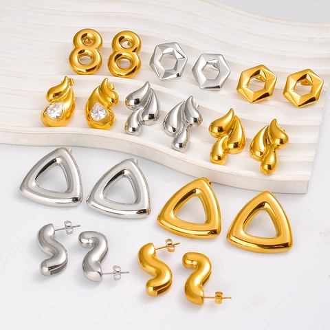 Stainless Steel Geometric Stud Earrings Gold Silver Plated Hexagon Triangle Water Drop Rhinestone Fashion Jewelry For Women