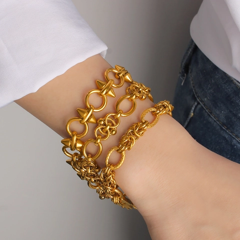 Bracelet Chaîne Épaisse Punk en Acier Inoxydable Hommes Femmes Plaqué Or 18K Rivet à Pointes Fermoir en H Bijoux Mode