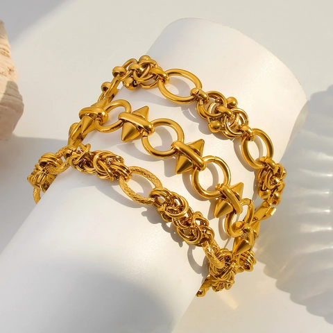 Bracelet Chaîne Épaisse Punk en Acier Inoxydable Hommes Femmes Plaqué Or 18K Rivet à Pointes Fermoir en H Bijoux Mode