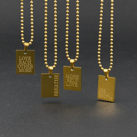 Minimalist Stainless Steel Square Pendant Necklace Gold Plated Engraved Letters Inspirational Quotes For Women Jewelry Gift