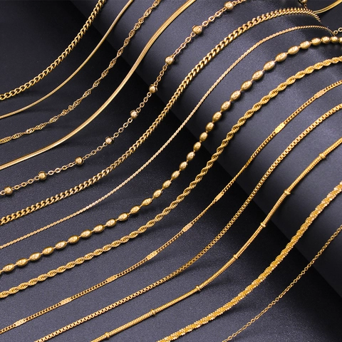 Minimalist 18K Gold Plated Stainless Steel Chain Necklace For Women Men Various Styles Curb Rope Snake Box Water Wave Chain Fashion Jewelry Gift