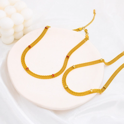 18K Gold Plated Stainless Steel Mesh Woven Necklace And Bracelet Set With Rectangular Zirconia Women Fashion Jewelry