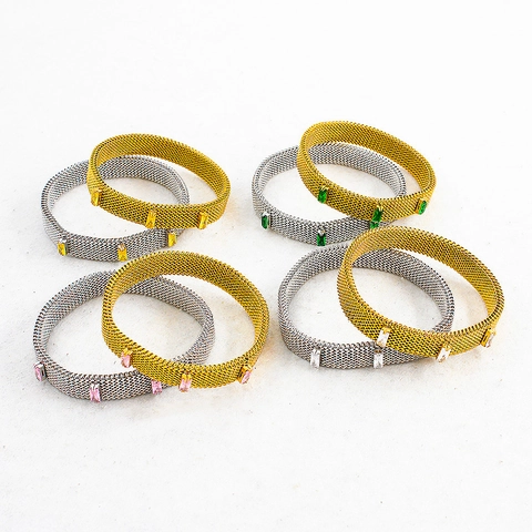 Minimalist Stainless Steel Stretch Mesh Bangle For Women Gold Silver Plated Rhinestone Elastic Spring Bracelet Fashion Jewelry Gift