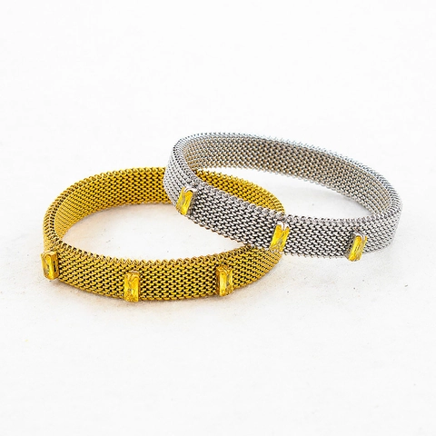 Minimalist Stainless Steel Stretch Mesh Bangle For Women Gold Silver Plated Rhinestone Elastic Spring Bracelet Fashion Jewelry Gift