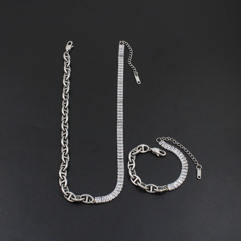 Stainless Steel Pig Nose Chain Jewelry Set Rectangular Zirconia Gold Silver Patchwork Necklace Bracelet For Women Luxury Daily Wear