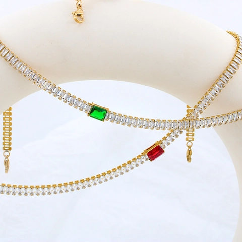 Luxury Stainless Steel Colored Zirconia Necklace And Bracelet For Women Gold Plated Baguette Cut Elegant Party Jewelry