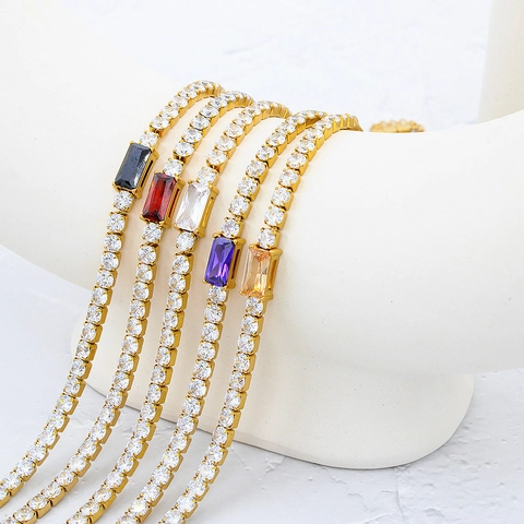 Stainless Steel Tennis Chain Necklace Bracelet Gold Plated Emerald Cut Zirconia Elegant Fashion Clavicle Jewelry For Women