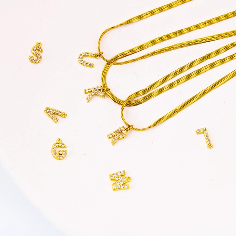 Women Stainless Steel 26 Alphabet Pendant Necklace Gold Plated Zirconia Inlaid Letter Snake Bone Chain Choker Jewelry